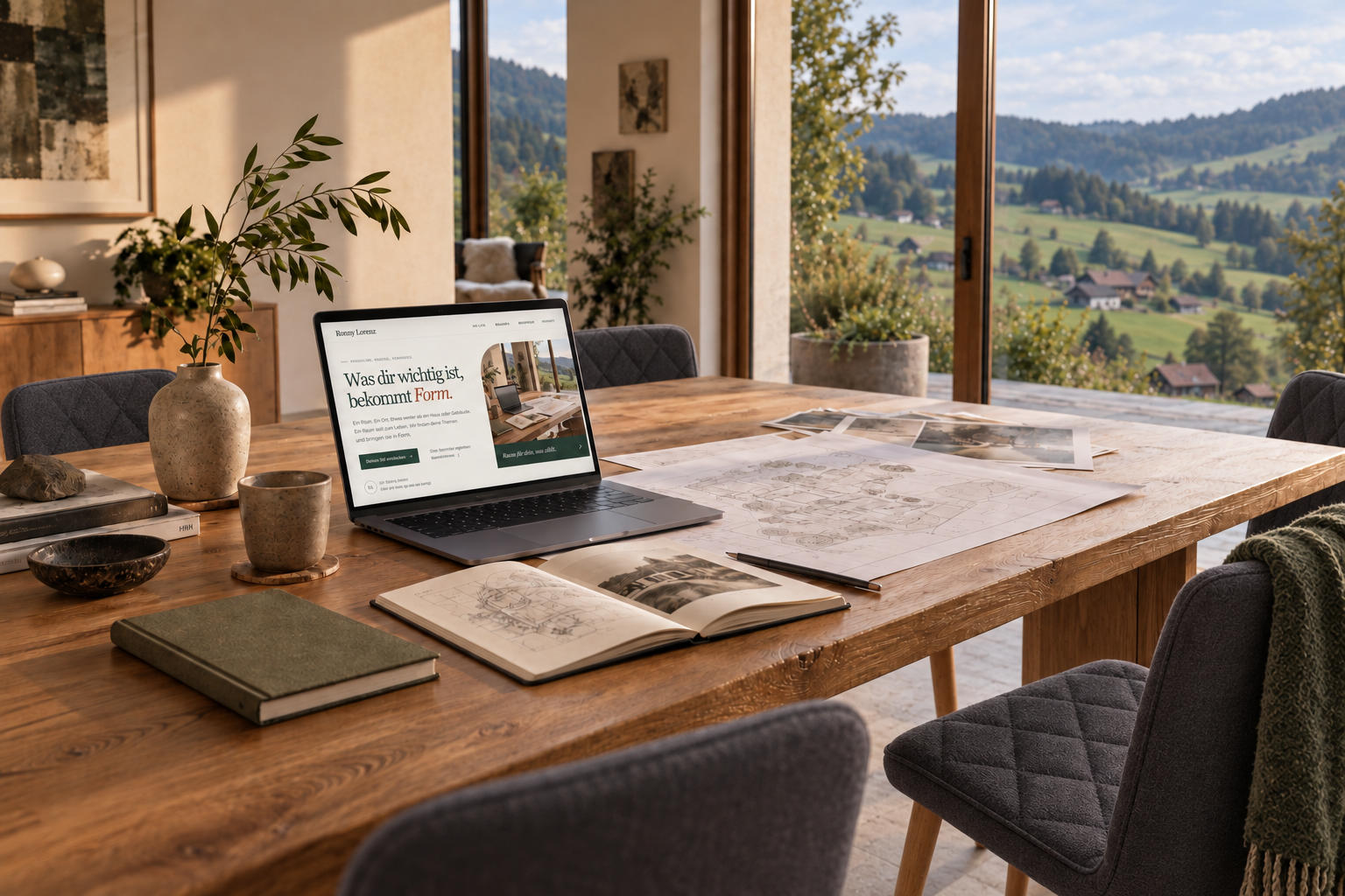 Illustrativer Raum mit Ronnys grauen Polsterstühlen, Laptop, Bauzeichnungen und grünem Hügelausblick.
